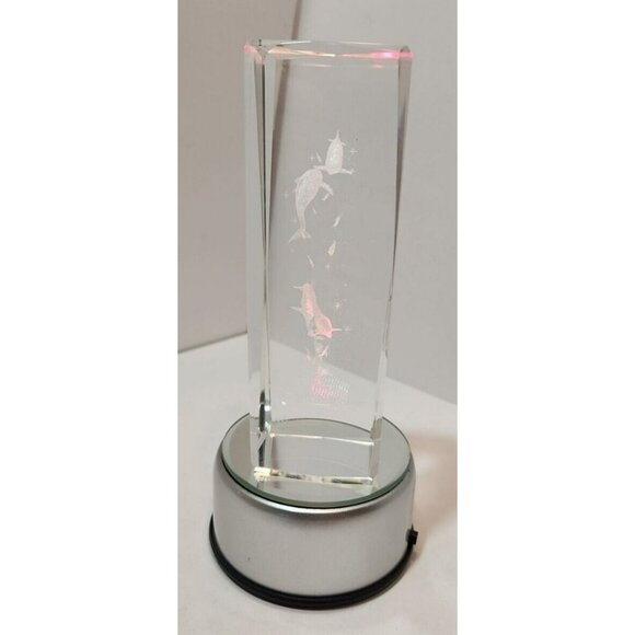 3D Laser Etched Dolphins Crystal Paperweight w/Lighting Base - Picture 3 of 16